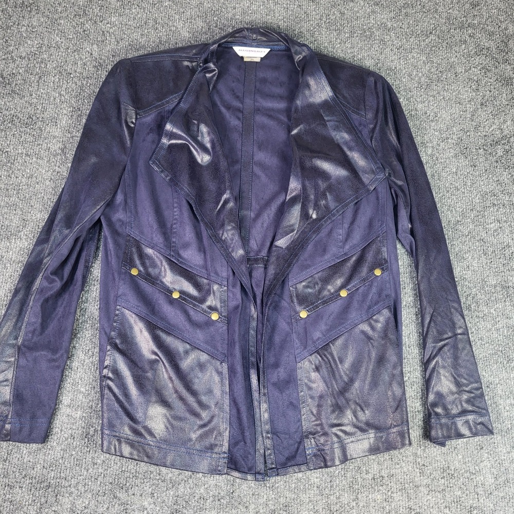 Allison Daley Petite 6P Navy Blue Shimmer Faux Leather Open Front Moto Jacket
